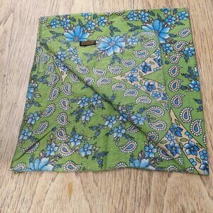 Retro 70s vibe 100% cotton green square scarf blue flowers made in India